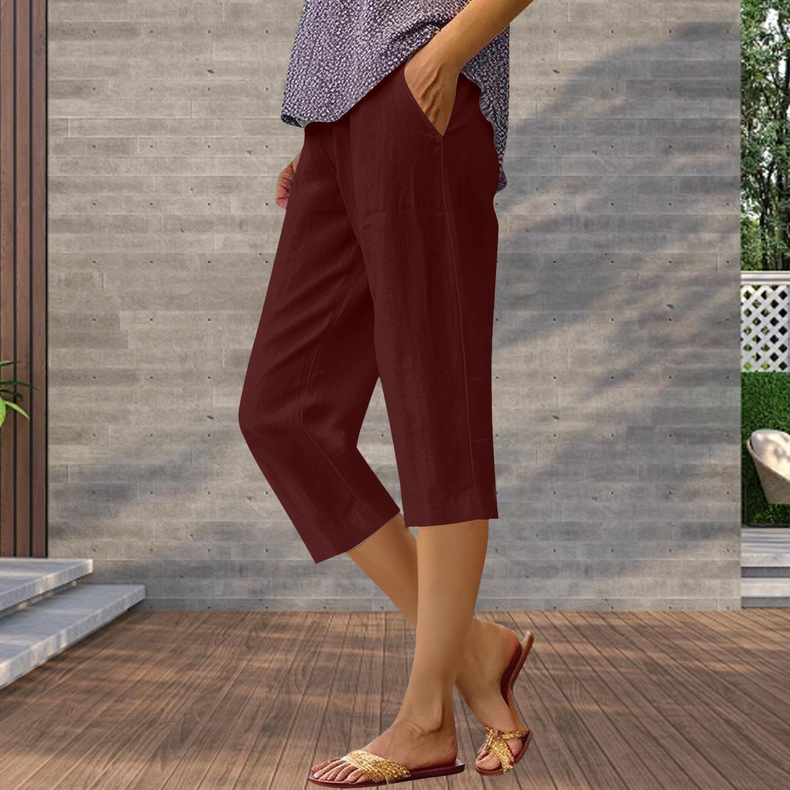 thumbnail image 2 of Pantalones cortos holgados de color liso para mujer: cintura elástica, versátiles para primavera/verano, tallas estadounidenses 4-18 (S-XXXXXL), 2 of 4